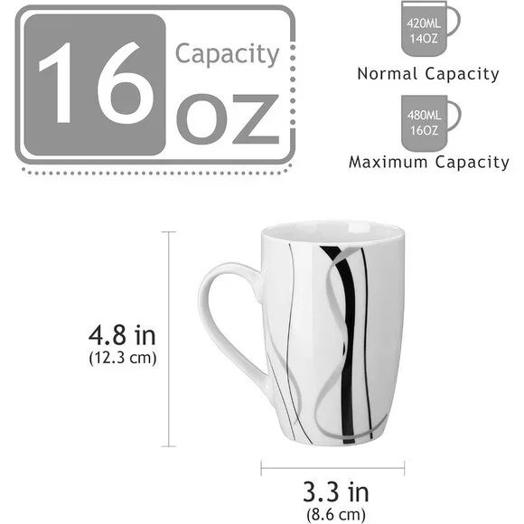 Perfect Coffee Mugs Set of 6, 16 Oz - Durable Porcelain with Big Handle Design